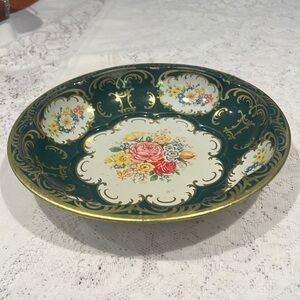 Daher Green Floral 10” Aluminum Tin Bowl Tray Made in England 1970's